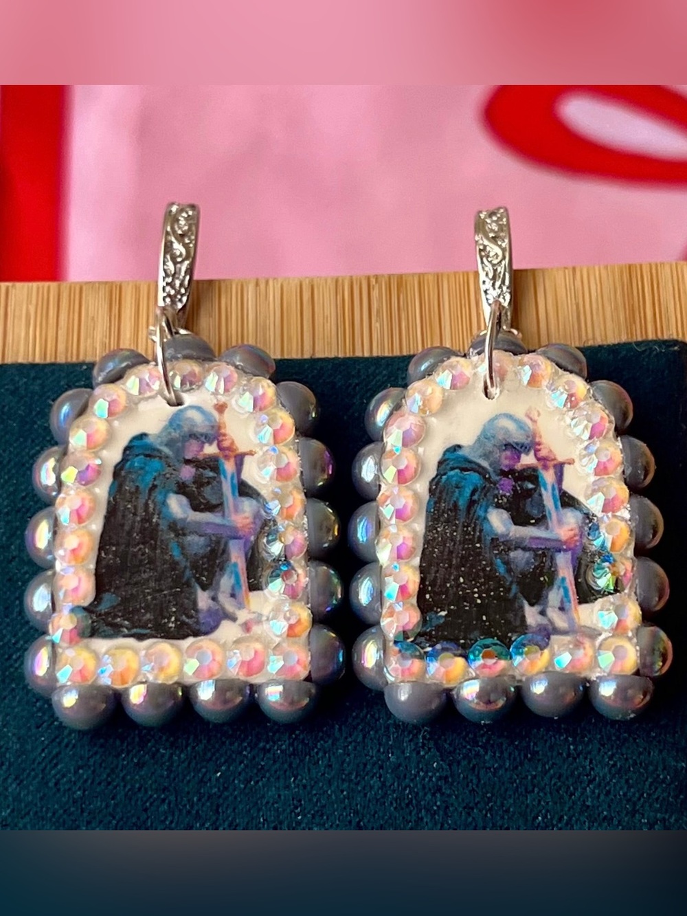Handmade Iridescent Blue Guardian Knight Guardian Angel Drop Earrings